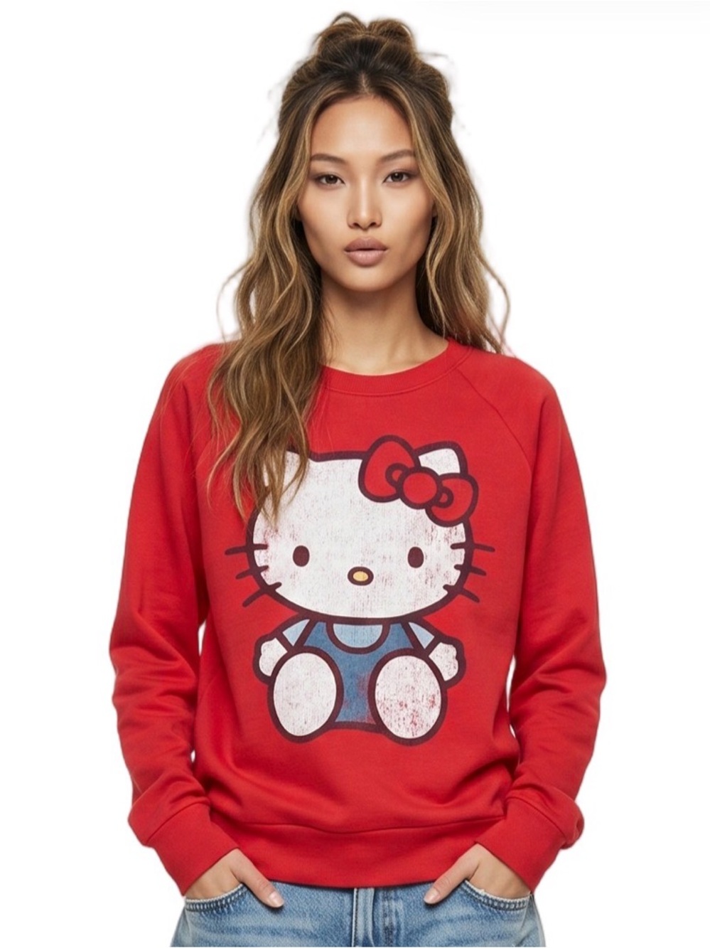 SANRIO Red White graphic Hello Kitty long sleeve boatneck sweatshirt Oversized
